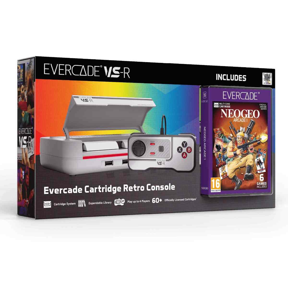 White Evercade VS-R console with a gray controller, featuring a cartridge slot, alongside the NEOGEO Arcade 1 game box, showcasing vibrant artwork and retro gaming elements.