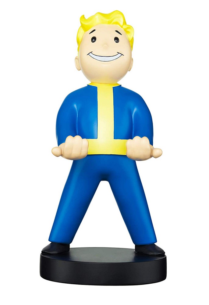 Vault Boy figure from Fallout 76, featuring a smiling character in a blue jumpsuit with a yellow belt, standing on a black base, made of durable plastic.