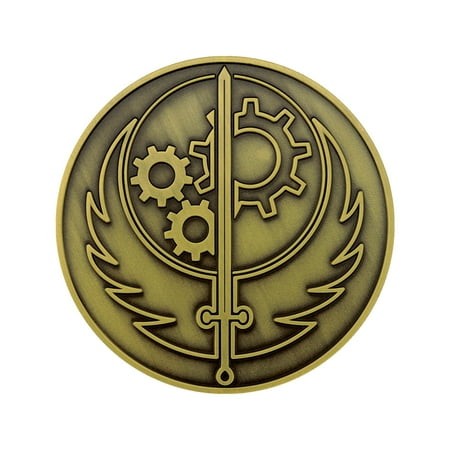 Bronze medallion featuring the Brotherhood of Steel emblem, with a sword and gears surrounded by stylized wings, showcasing intricate detailing and a metallic finish.