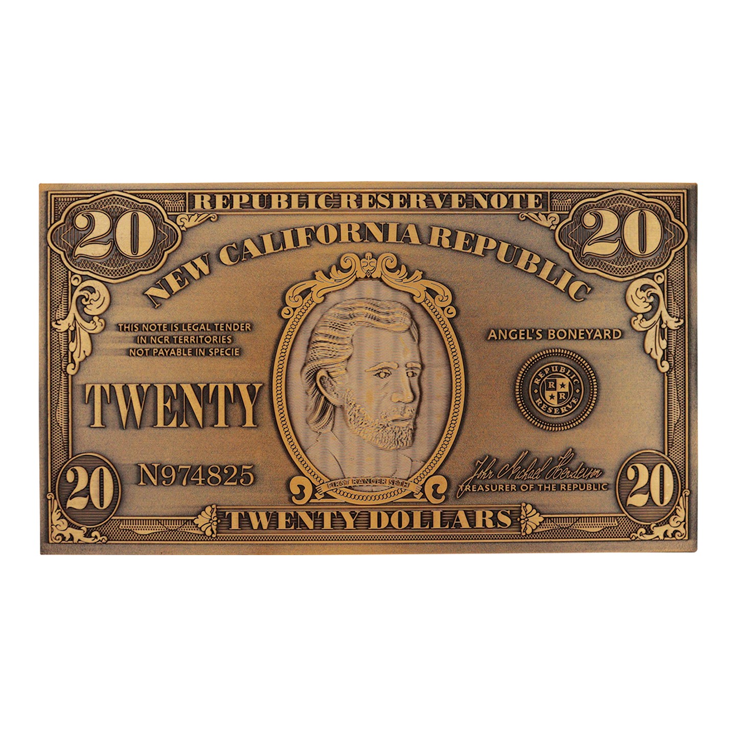 Replica $20 bill from Fallout New Vegas, featuring a bronze color, intricate details, and the text "NEW CALIFORNIA REPUBLIC" along with a portrait of a man.