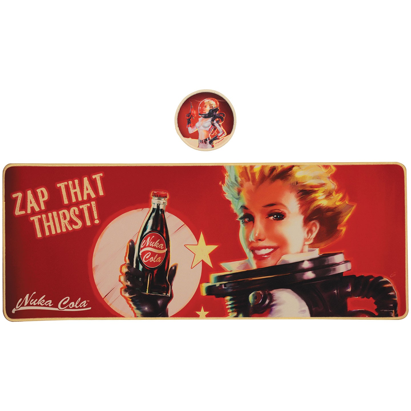 Multicolor XL desk pad featuring a retro Nuka-Cola design with a smiling woman and the phrase "Zap That Thirst!" alongside a matching round coaster.
