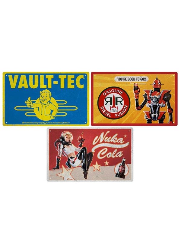 Three vintage-style tin signs featuring bright colors: a blue Vault-Tec sign, a red gasoline sign with a robot, and a white Nuka-Cola sign with a retro woman holding a bottle.
