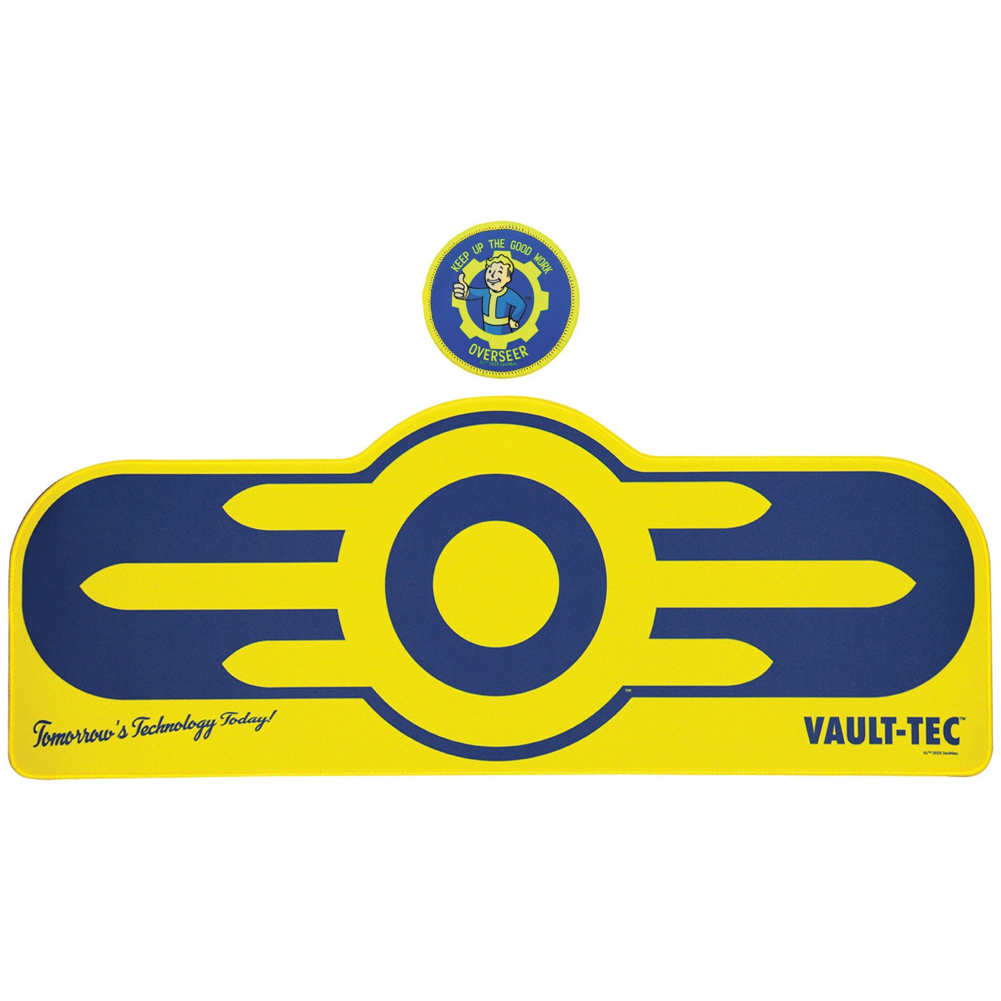 Multicolor XL desk pad and coaster set featuring the Vault-Tec logo, with a blue and yellow design, made of durable material, ideal for collectors and fans of Fallout.