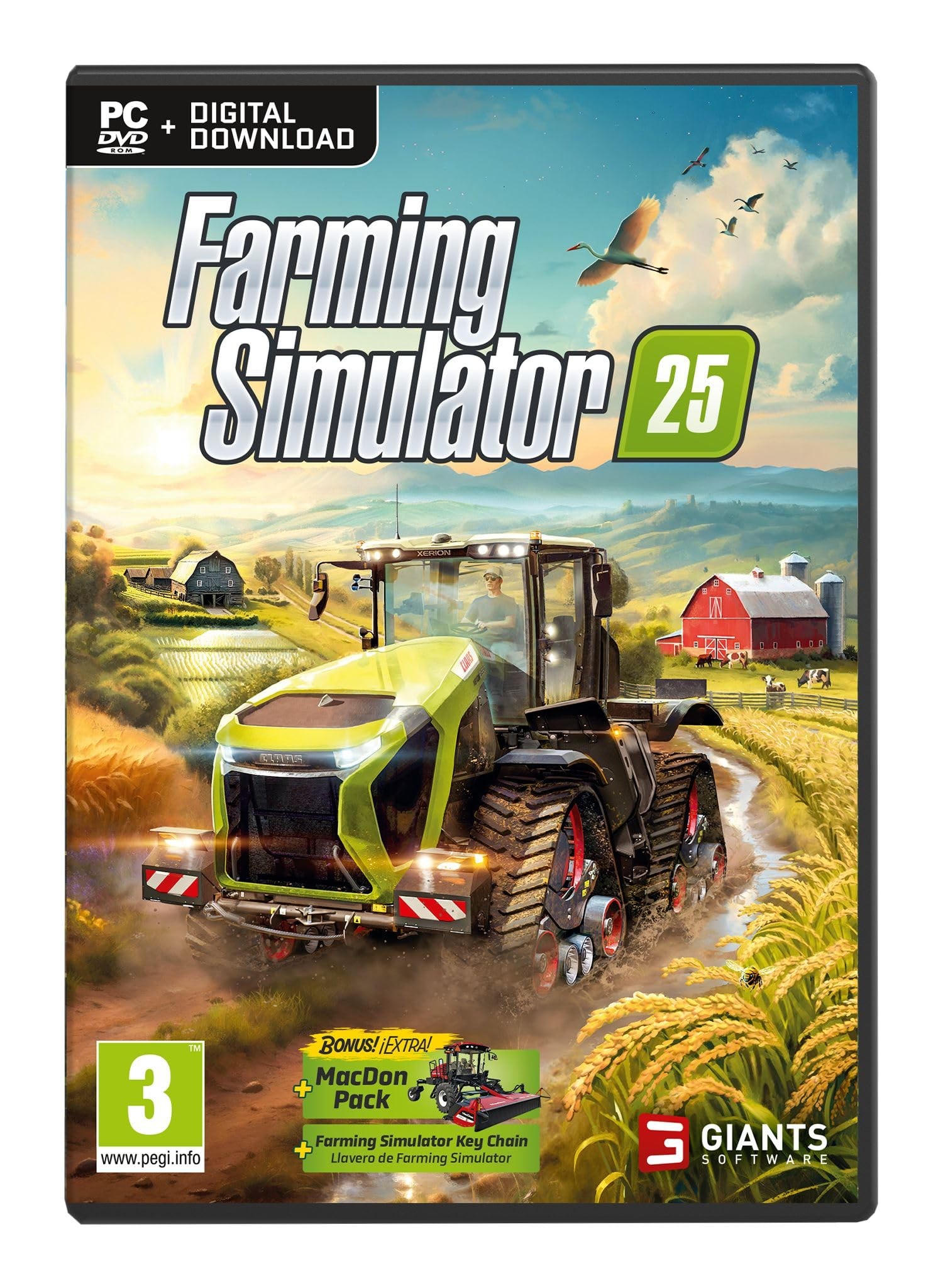 Farming Simulator 25 PC game box featuring a green tractor in a field, with a vibrant landscape and farm buildings, includes a Farming Simulator key chain.