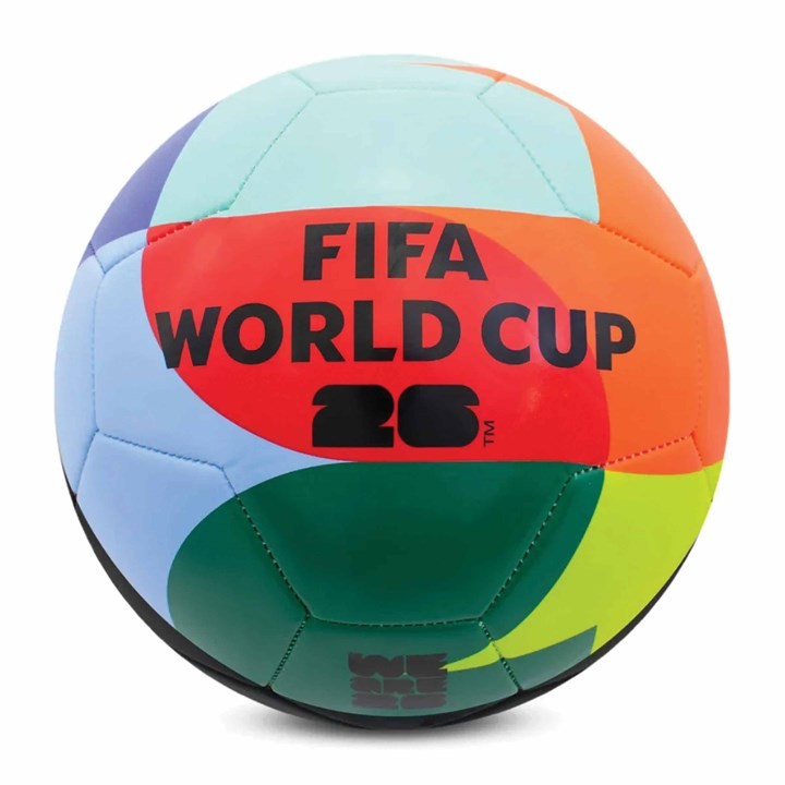 FIFA World Cup 26 Size 5 football featuring a vibrant design with orange, green, blue, and purple panels, and bold black text displaying "FIFA WORLD CUP 26."