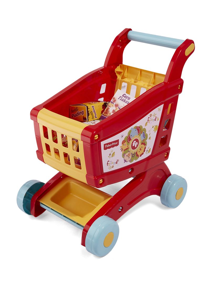 Bright red and yellow plastic shopping cart with a sturdy handle, featuring a basket filled with colorful toy food items, and blue wheels for easy maneuverability.