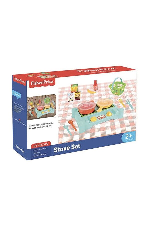 Brightly colored Fisher Price Stove Cooker Playset features a teal stove with red pots, utensils, a basket, and food items, all packaged in a box with a checkered tablecloth design.