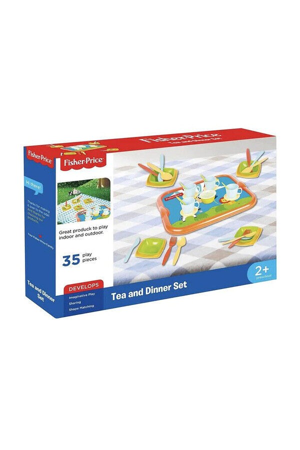 Colorful Fisher Price Tea and Dinner Playset featuring 35 plastic pieces, including cups, plates, and utensils, arranged on a vibrant tray, ideal for imaginative play.