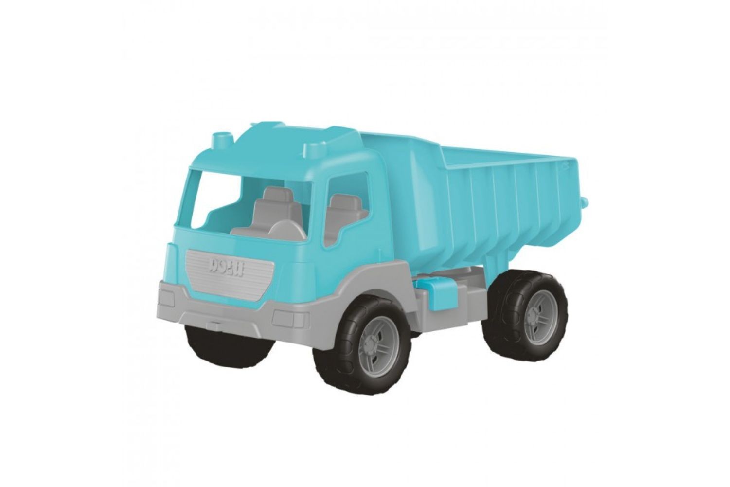 Bright turquoise plastic tipper truck with a gray cab and large black wheels, featuring a spacious bed for transporting toys or sand.