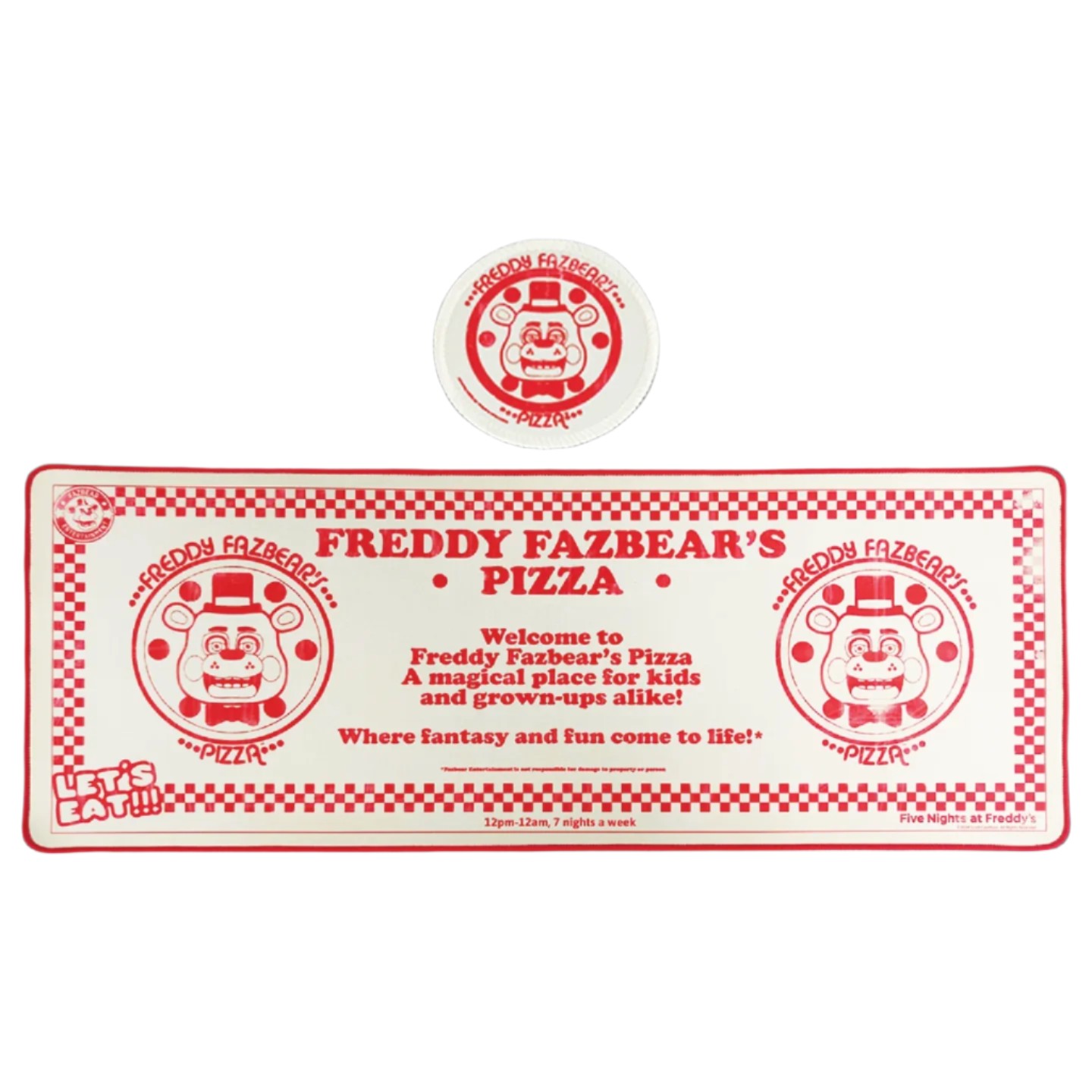 Red and white desk pad featuring "Freddy Fazbear's Pizza" design with cartoon graphics, accompanied by a matching round coaster with the same theme.
