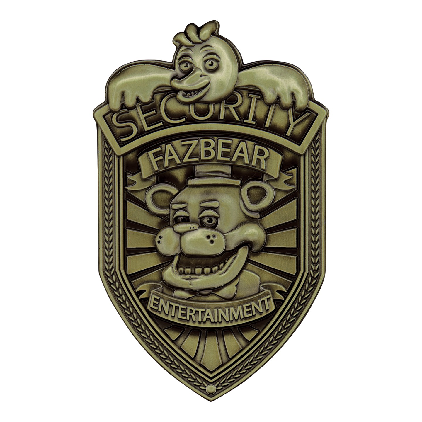 Antique brass security badge featuring a cartoon bear and a chicken above the text "SECURITY" and "FAZBEAR ENTERTAINMENT" with a sunburst background.
