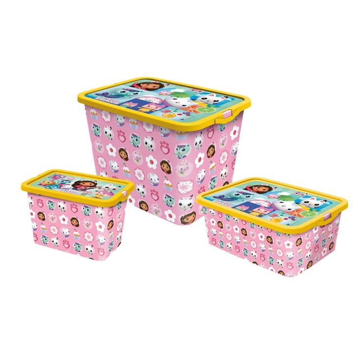Set of three pink storage boxes featuring colorful cartoon designs and a yellow lid, ideal for organizing toys and accessories.