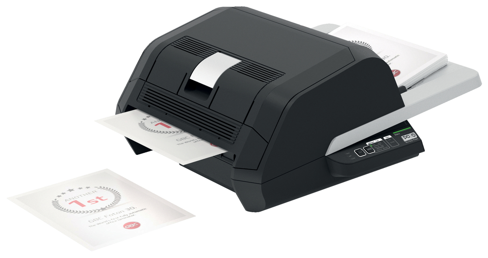 Black automatic laminator with a sleek design, featuring a control panel, paper feed slot, and A3 size capability, processing documents with a smooth finish.