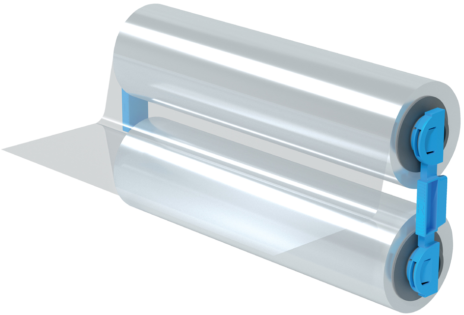 Transparent film cartridge with a glossy finish, featuring blue end caps, designed for use with GBC Foton laminating machines, measuring 75 microns in thickness.