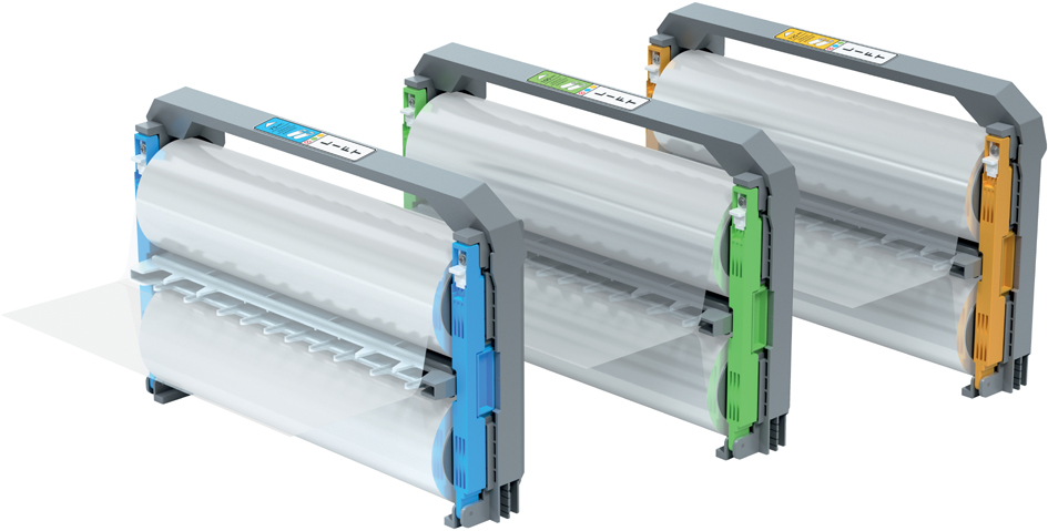 Three refillable cartridges for the GBC Foton 30, featuring clear 100-micron laminating film, with color-coded ends in blue, green, and orange for easy identification.