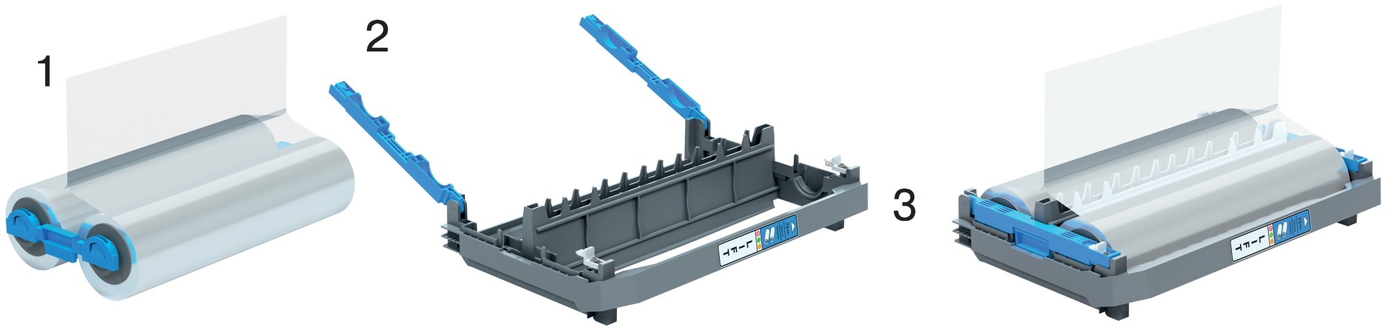 GBC Foton 30 refillable cartridge featuring a transparent 75-micron laminating film, with a blue and gray plastic housing and tabs for easy installation.