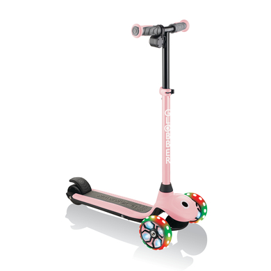 Pastel pink electric scooter with a sleek design, featuring colorful LED wheels, a sturdy black frame, and an adjustable handlebar for kids aged 4 and up.