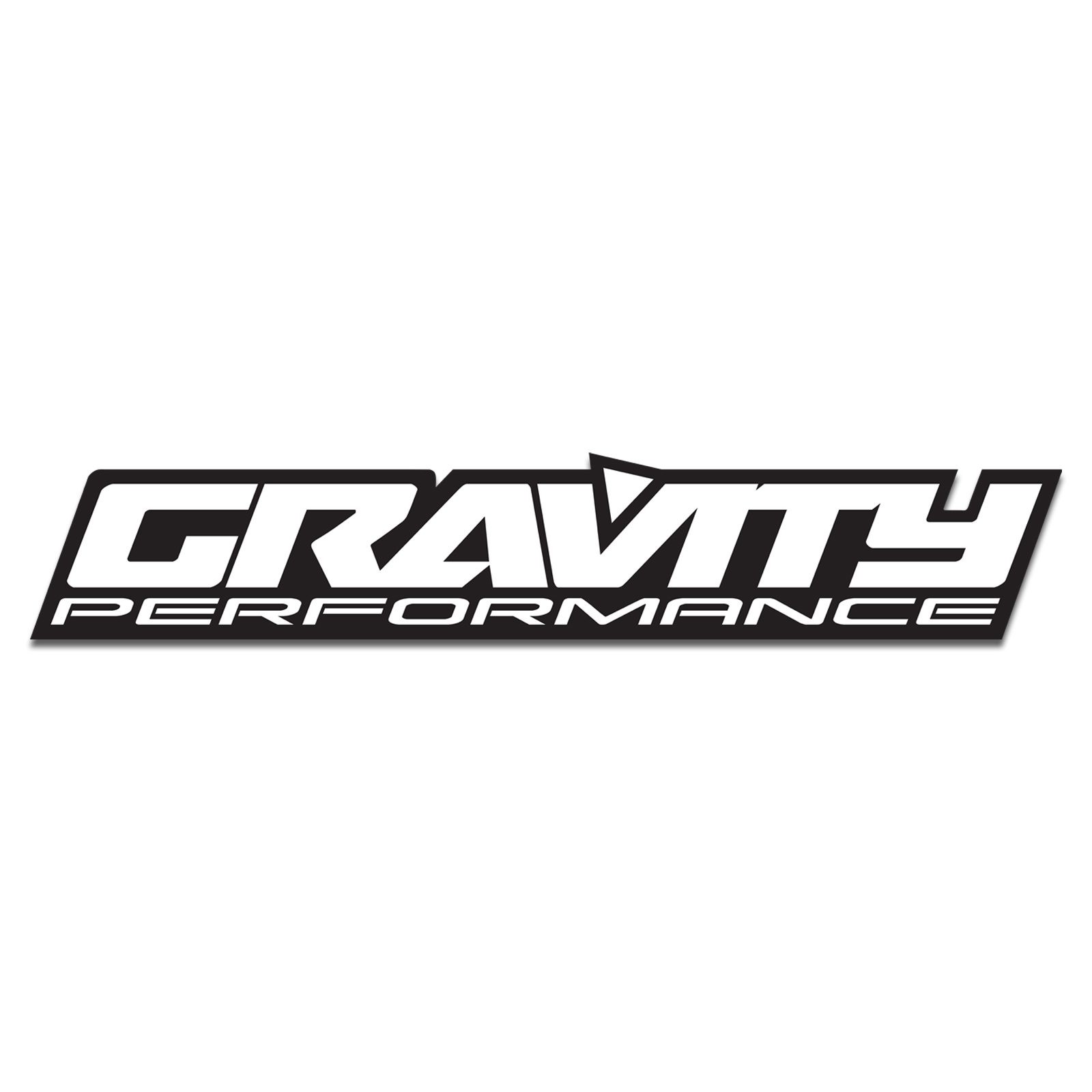 White "GRAVITY PERFORMANCE" logo decal on a black background, featuring bold, stylized lettering with a sleek design, measuring 10 inches in length.