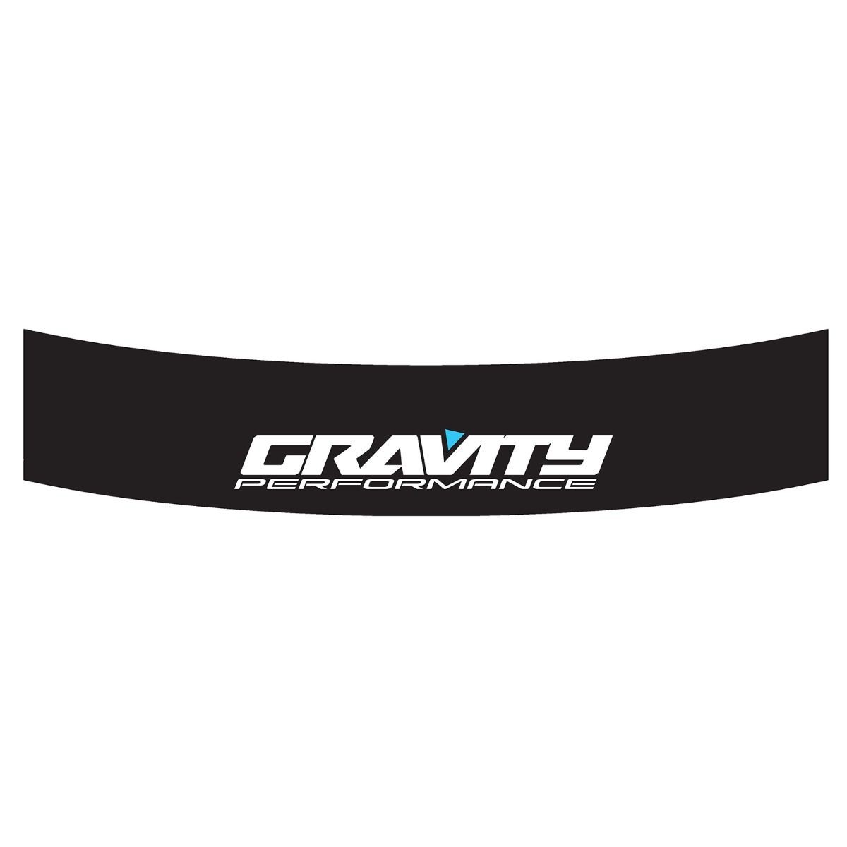 White and blue "GRAVITY PERFORMANCE" logo on a sleek black sunstrip, designed for automotive use, featuring a curved shape for a stylish fit.