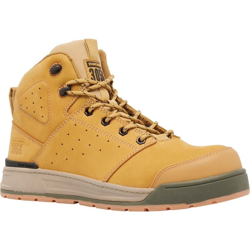 Hard Yakka men's safety boots in wheat color with TPU toe cap, featuring a high-top design, lace-up closure, and a durable rubber sole, size 8 EU 42.