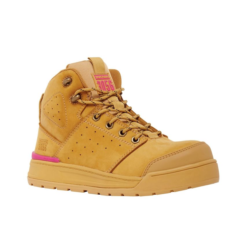 Hard Yakka Women's 3056 PR Side Zip Safety Boot in wheat color, featuring a sturdy leather upper, pink accents, perforated detailing, and a side zipper for easy wear.