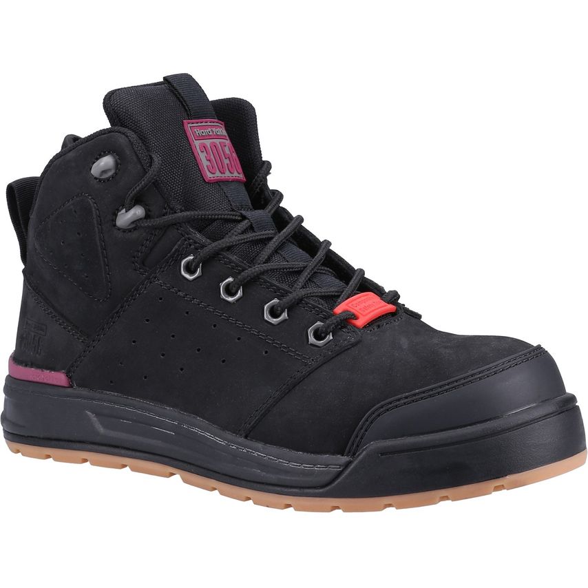 Black Hard Yakka Women's 3056 PR Side Zip Safety Boot featuring a sturdy design, side zip closure, padded collar, and contrasting pink accents on the sole and logo.