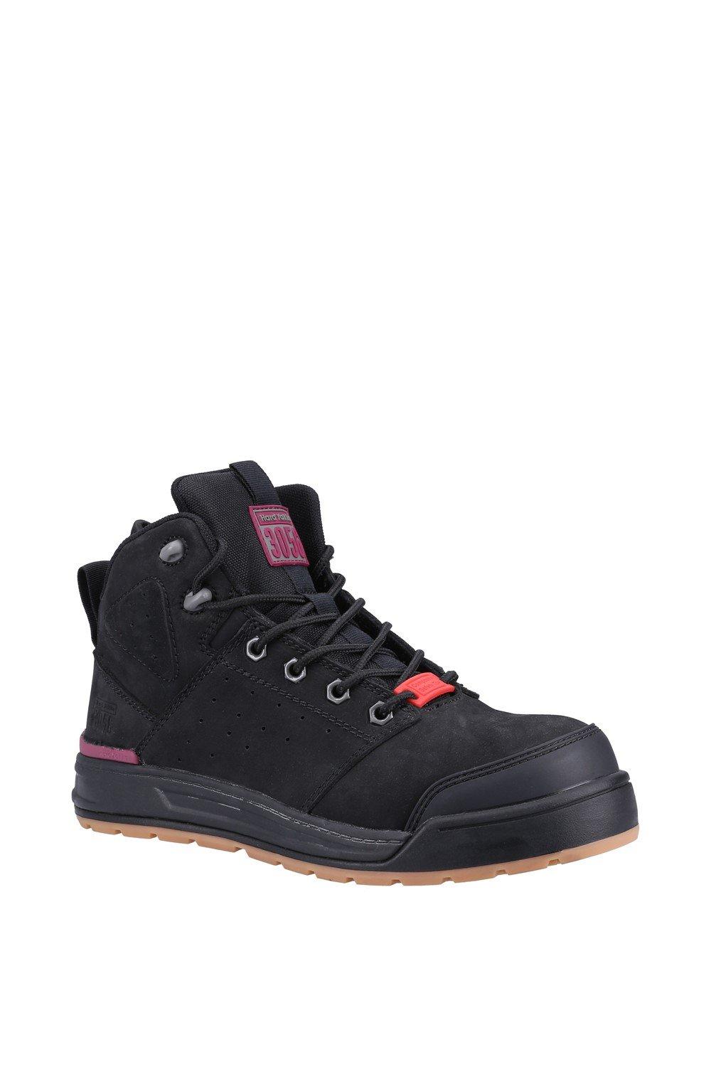 Black suede safety boot with a side zip, featuring pink and purple accents, padded collar, and durable rubber sole for enhanced grip and support.