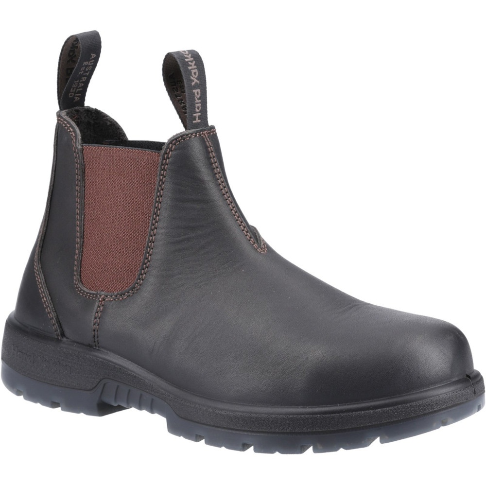 Brown leather dealer boot featuring elastic side panels, a cushioned sole, and reinforced stitching, designed for durability and comfort.