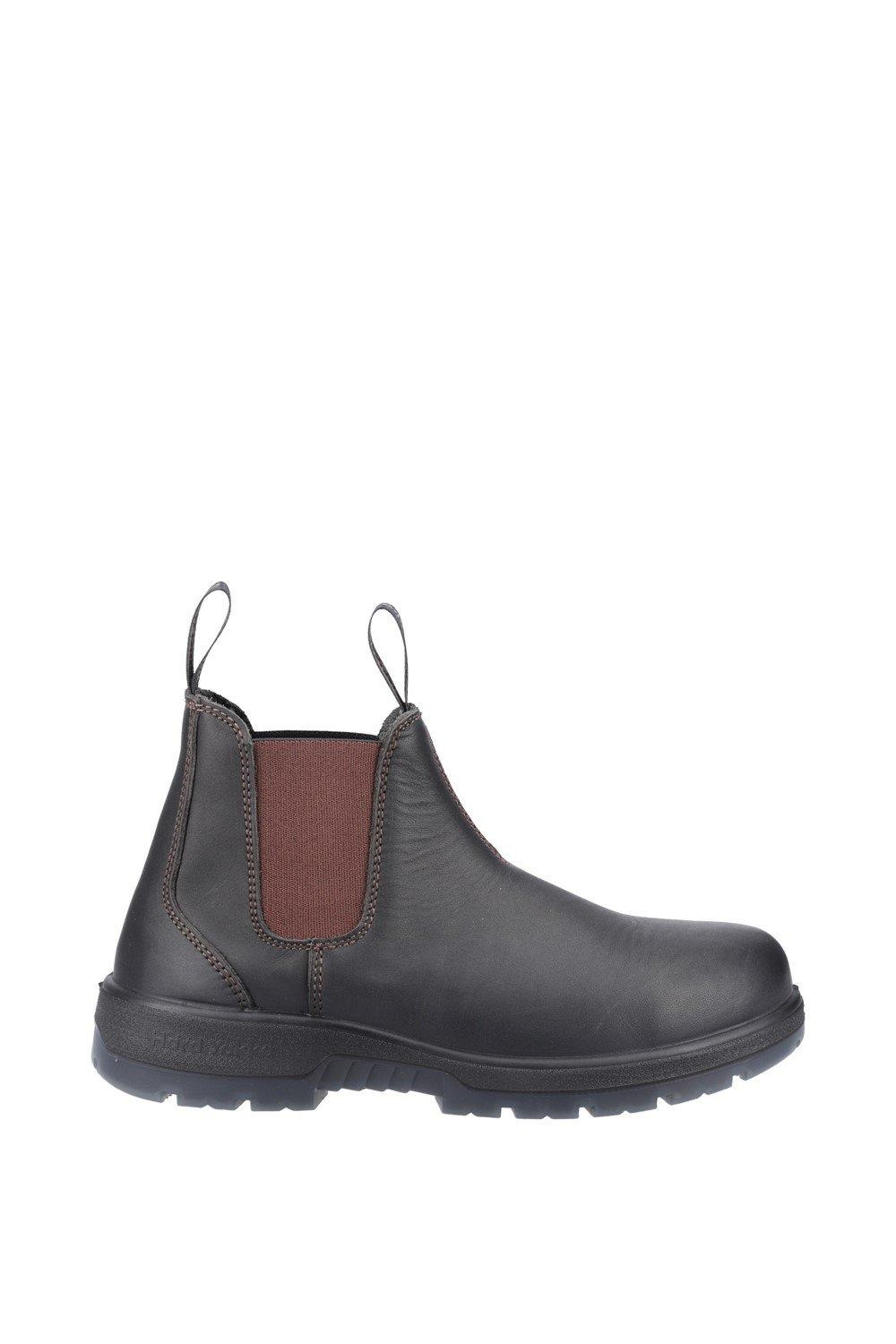 Brown leather dealer boot featuring elastic side panels, pull tabs for easy wear, and a durable black rubber sole for traction.