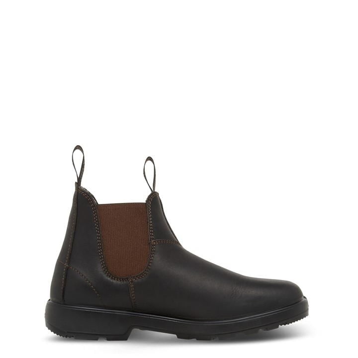 Brown waxy leather ankle boots featuring elastic side panels, pull tabs, and a sturdy rubber sole for durability and comfort.