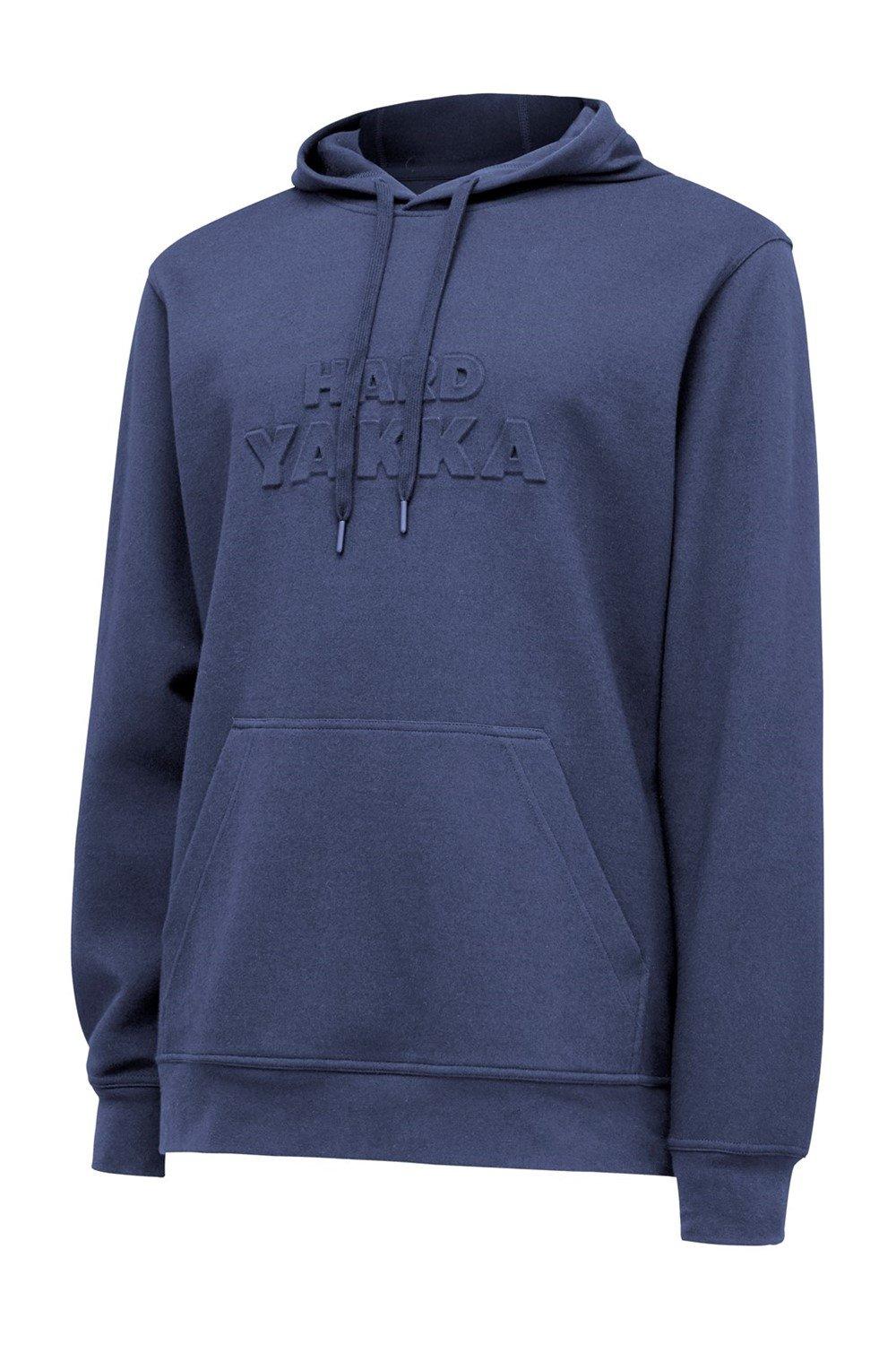 Purple cotton hooded sweatshirt featuring an embossed "HARD YAKKA" logo, a front kangaroo pocket, and a classic fit.