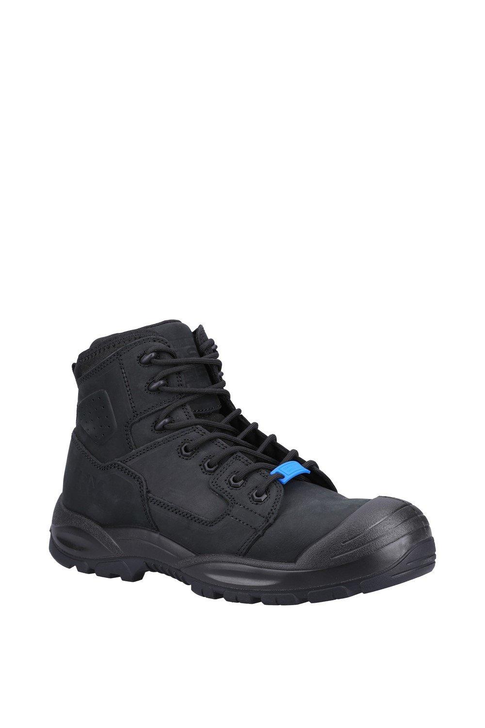 Black unisex safety boot featuring a durable leather upper, lace-up design, reinforced toe cap, and a cushioned sole for comfort and support.