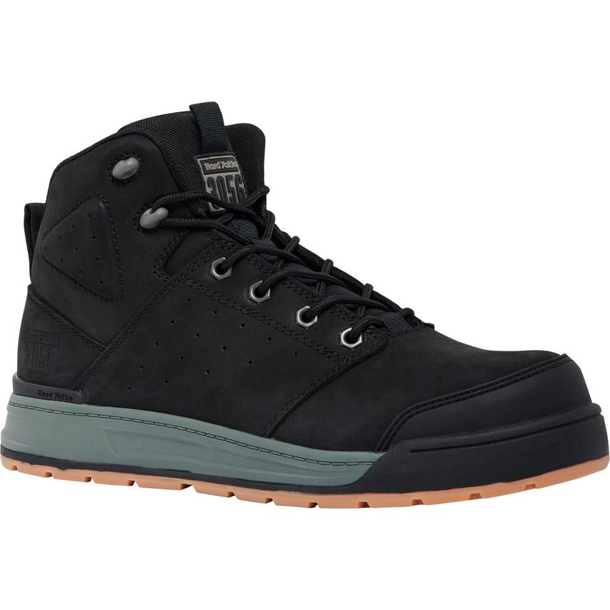 Black leather lace-up safety boot with a zip feature, reinforced toe, and a rubber sole, designed for durability and comfort in rugged environments.