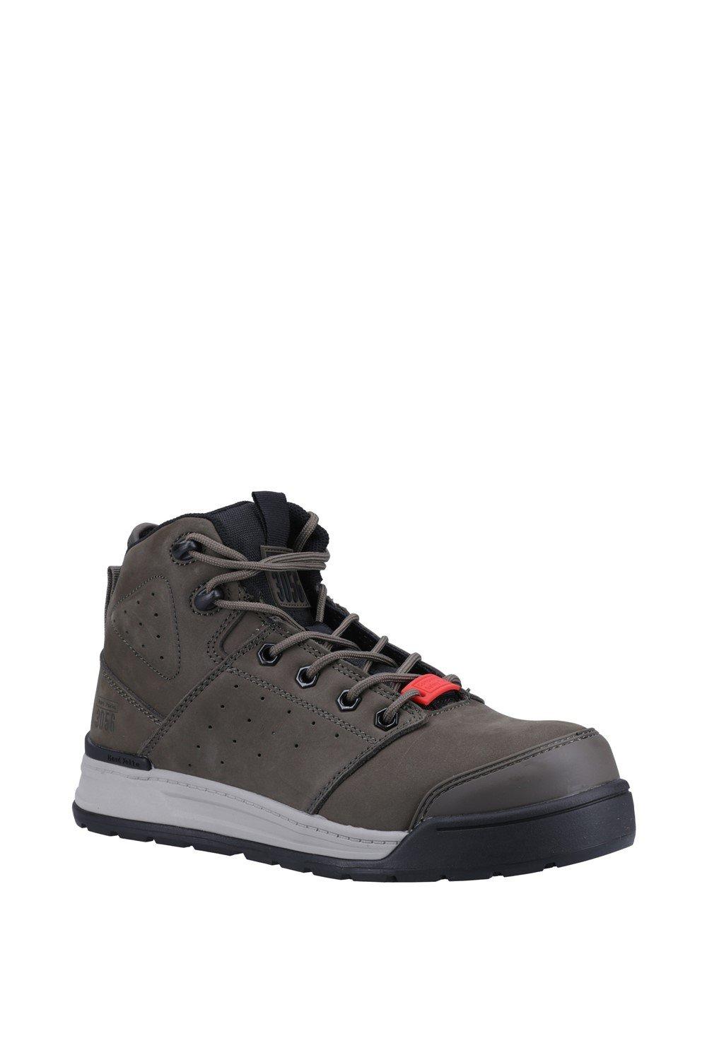 Men's Hard Yakka 3056 Lace Zip Safety Boot in cedar green, featuring a sturdy leather upper, lace-up design, padded collar, and a contrasting white sole.