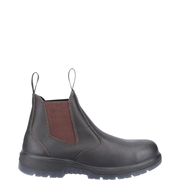 Brown leather safety dealer boot featuring elastic side panels, pull tabs, and a durable rubber sole, designed for comfort and protection in rugged environments.