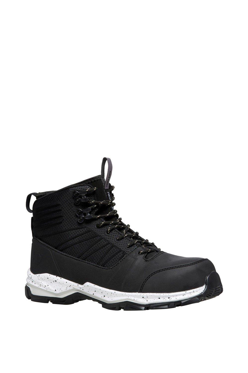 Black hybrid safety boot featuring a side zip, durable leather and mesh upper, speckled white sole, and sturdy laces for secure fit, designed for comfort and protection.
