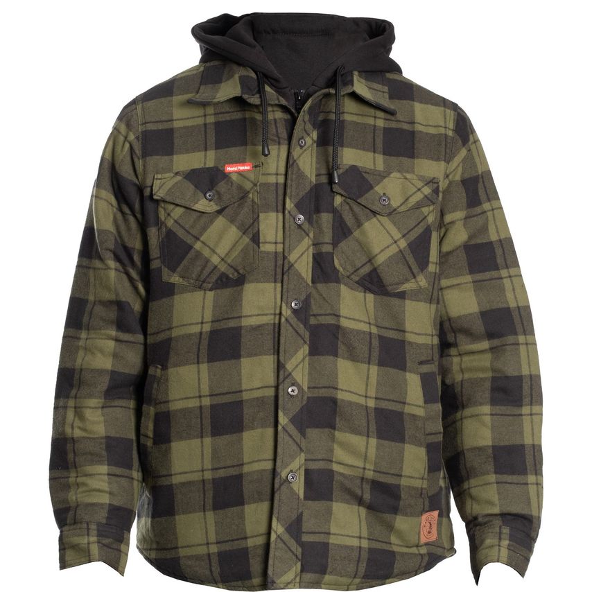 Men's quilted flannel shacket in fern green and black plaid, featuring a hood, two chest pockets, and a button-up front.