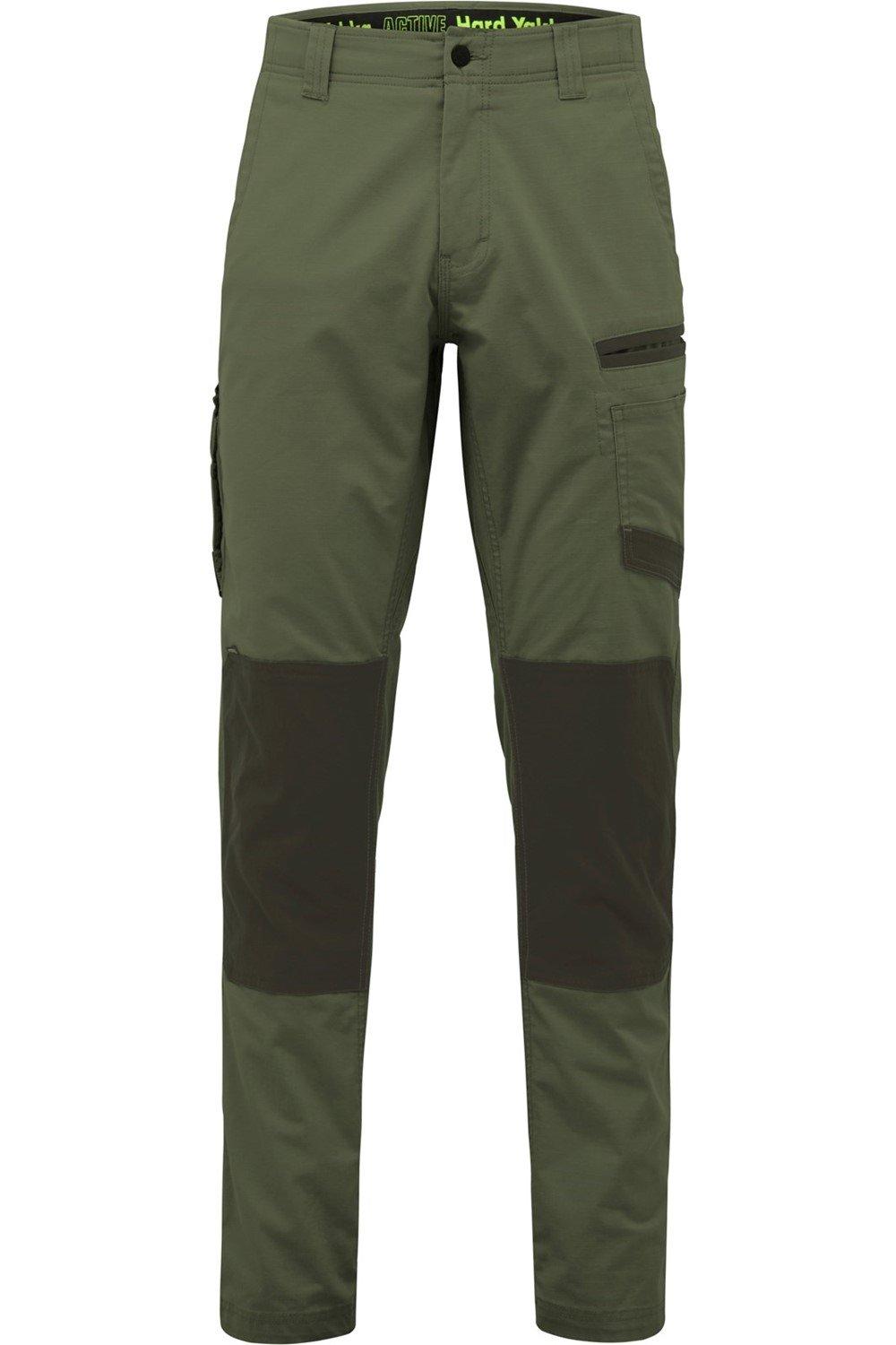 Military green active pants featuring durable fabric, reinforced knee patches, multiple pockets, and a comfortable fit, designed for outdoor and work activities.