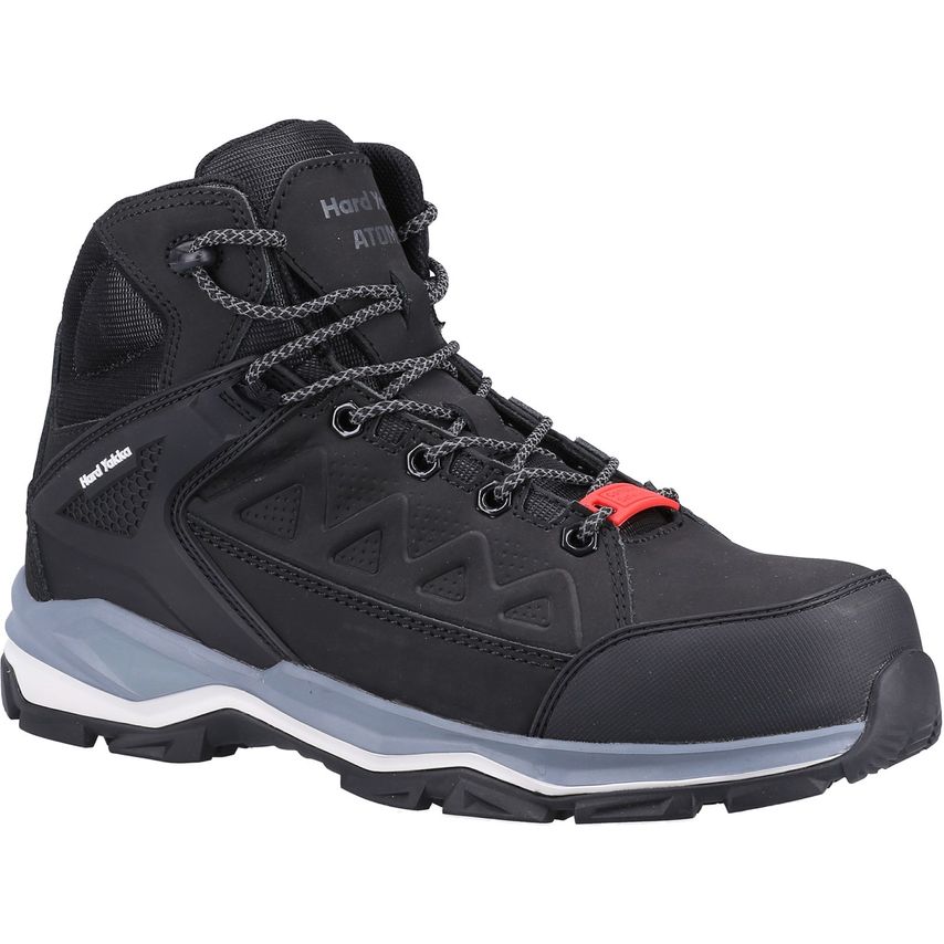 Black unisex safety boot featuring a side zip, durable material, reinforced toe, and a rugged sole with a grey and red accent, designed for comfort and protection.