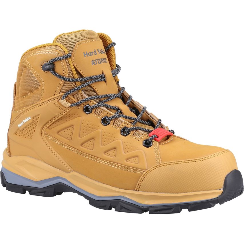 Unisex Hard Yakka Atomic PR Hybrid side zip safety boot in wheat, featuring a durable leather upper, reinforced toe, padded collar, and rugged sole for enhanced grip and support.
