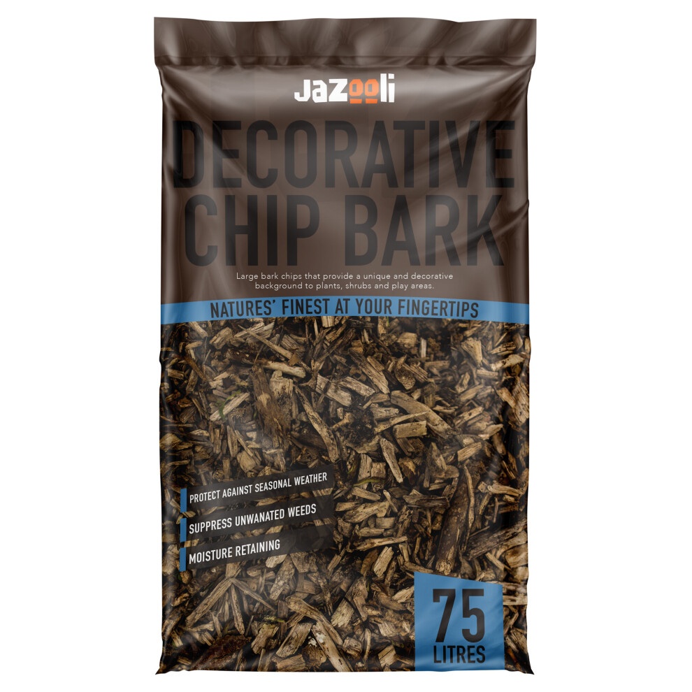 Brown decorative wood bark chippings in a 75L bag, featuring a glossy brown label with white and orange text, ideal for garden landscaping and play areas.