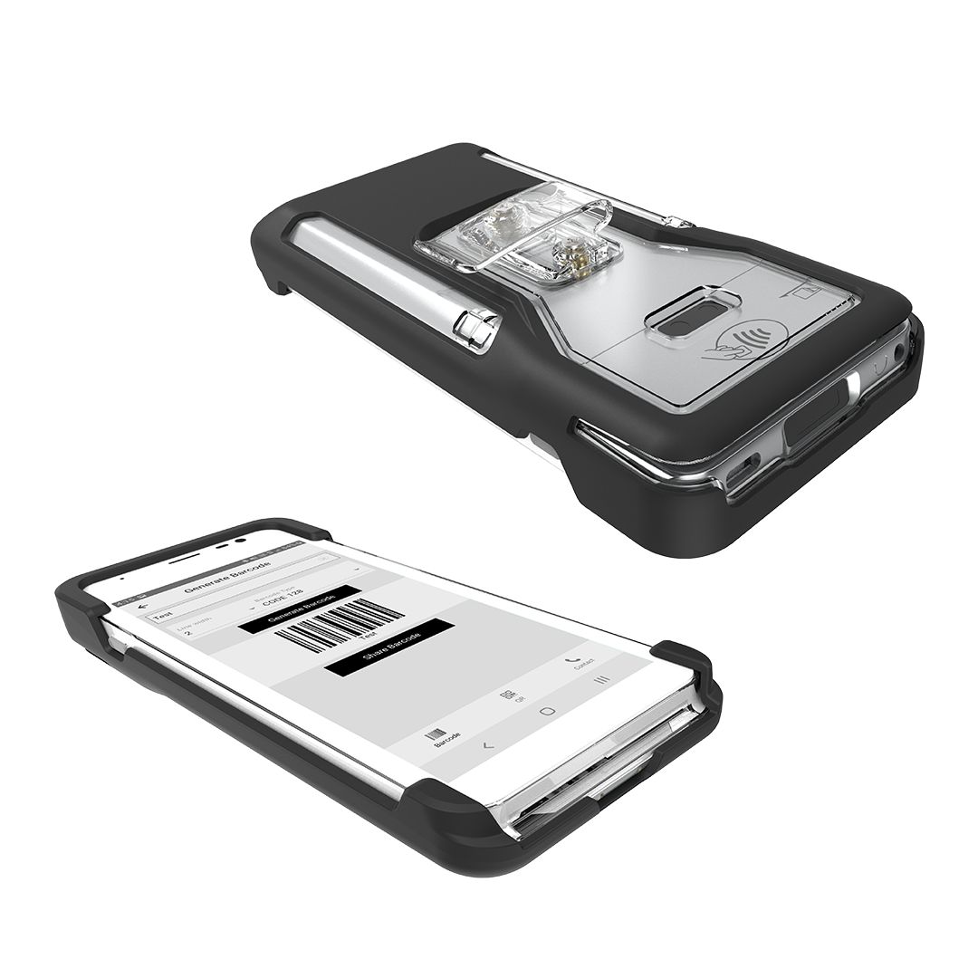 Black protective case for POS systems, featuring transparent sections, durable material, and cutouts for ports and buttons, designed for secure device access and functionality.