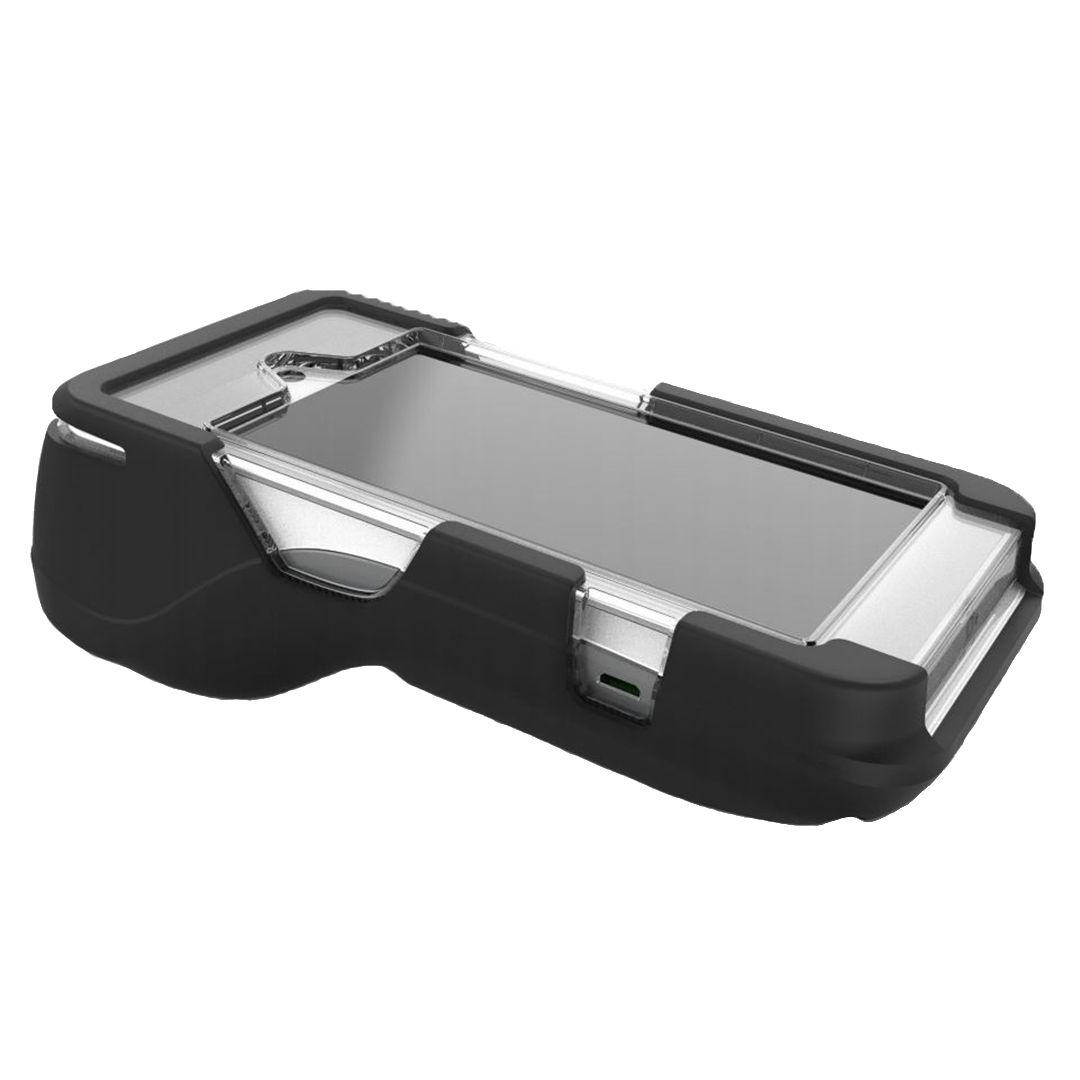 Black protective case for POS systems with a transparent top, featuring a rugged design and cutouts for ports, ensuring durability and accessibility.