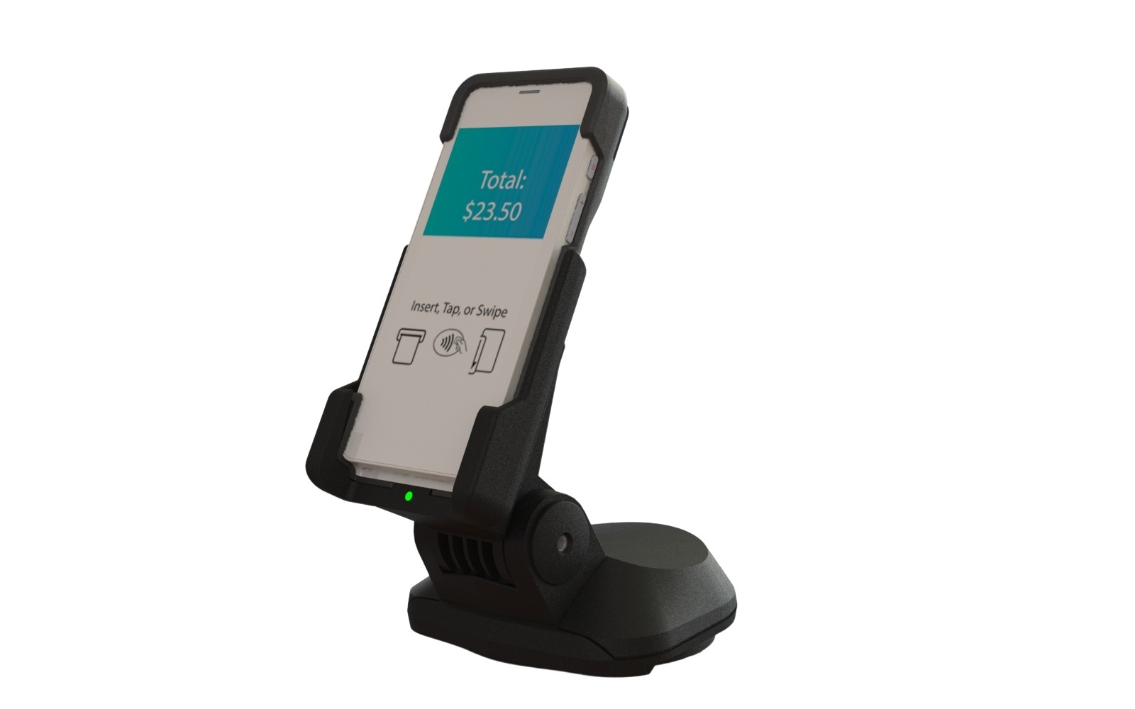 Black Havis 367-5935 POS stand featuring a sturdy base and adjustable holder, designed to securely display mobile devices for transactions.
