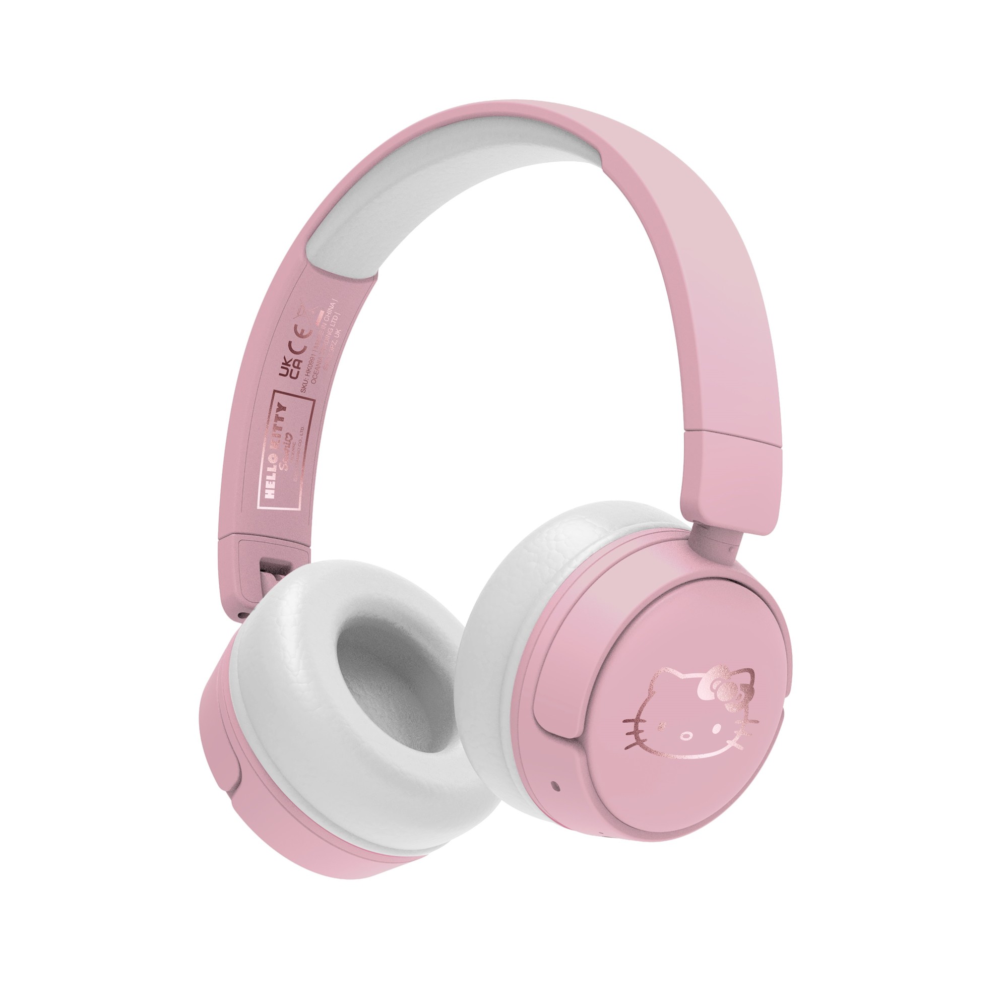 Pink over-ear headphones featuring Hello Kitty's face on the ear cups, with soft white padding and a matching pink headband for comfort.