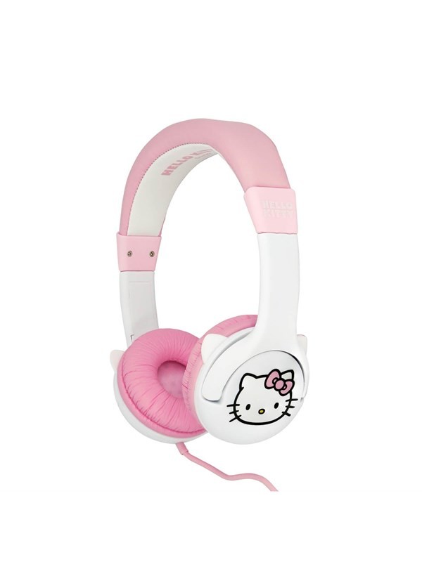 White and pink children's headphones featuring a molded Hello Kitty design on the ear cup, with soft pink padding and an adjustable headband.