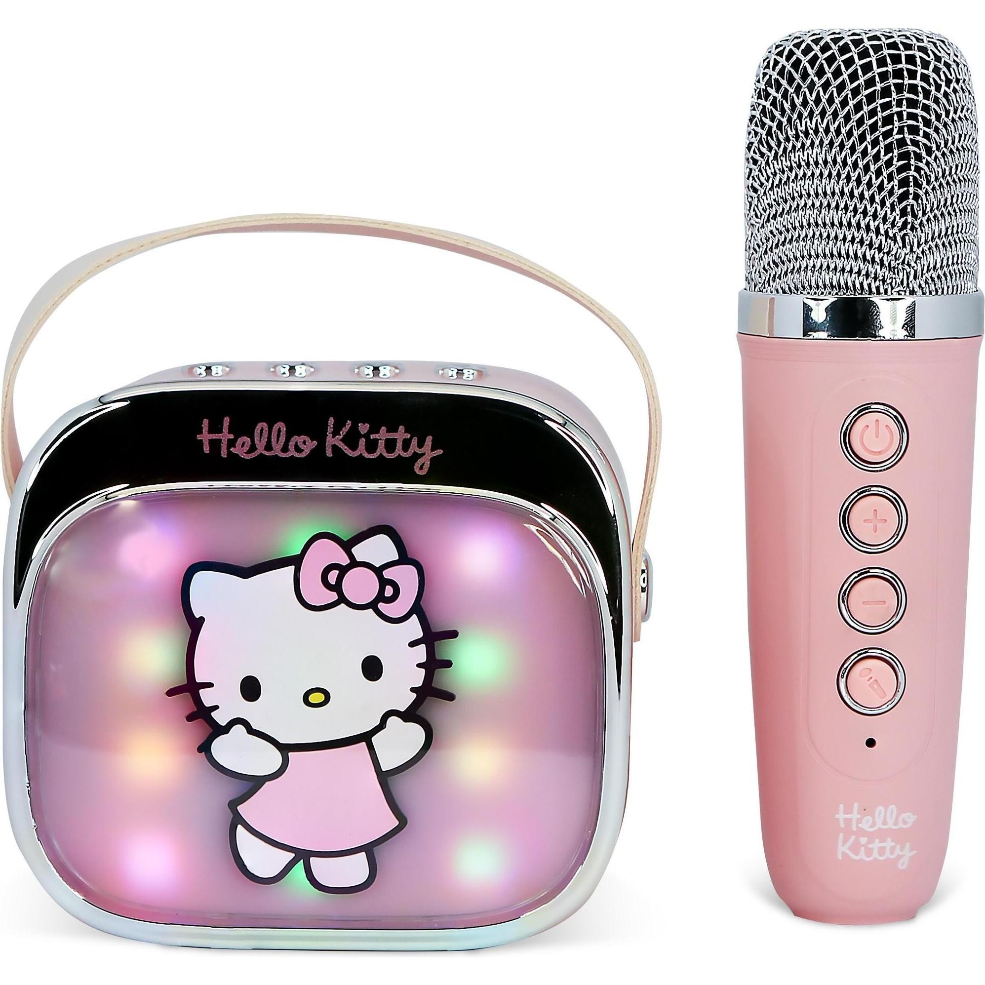 Hello Kitty PopSing wireless karaoke speaker in pink and black with a light-up design featuring Hello Kitty, accompanied by a matching pink microphone with control buttons.