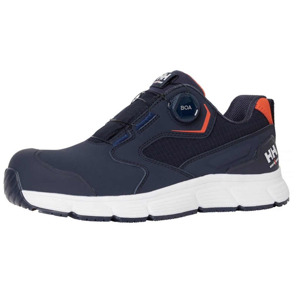 Unisex navy TPU shoe featuring a breathable upper, BOA lacing system, cushioned sole, and contrasting orange accents, available in UK size 8 and EU size 42.