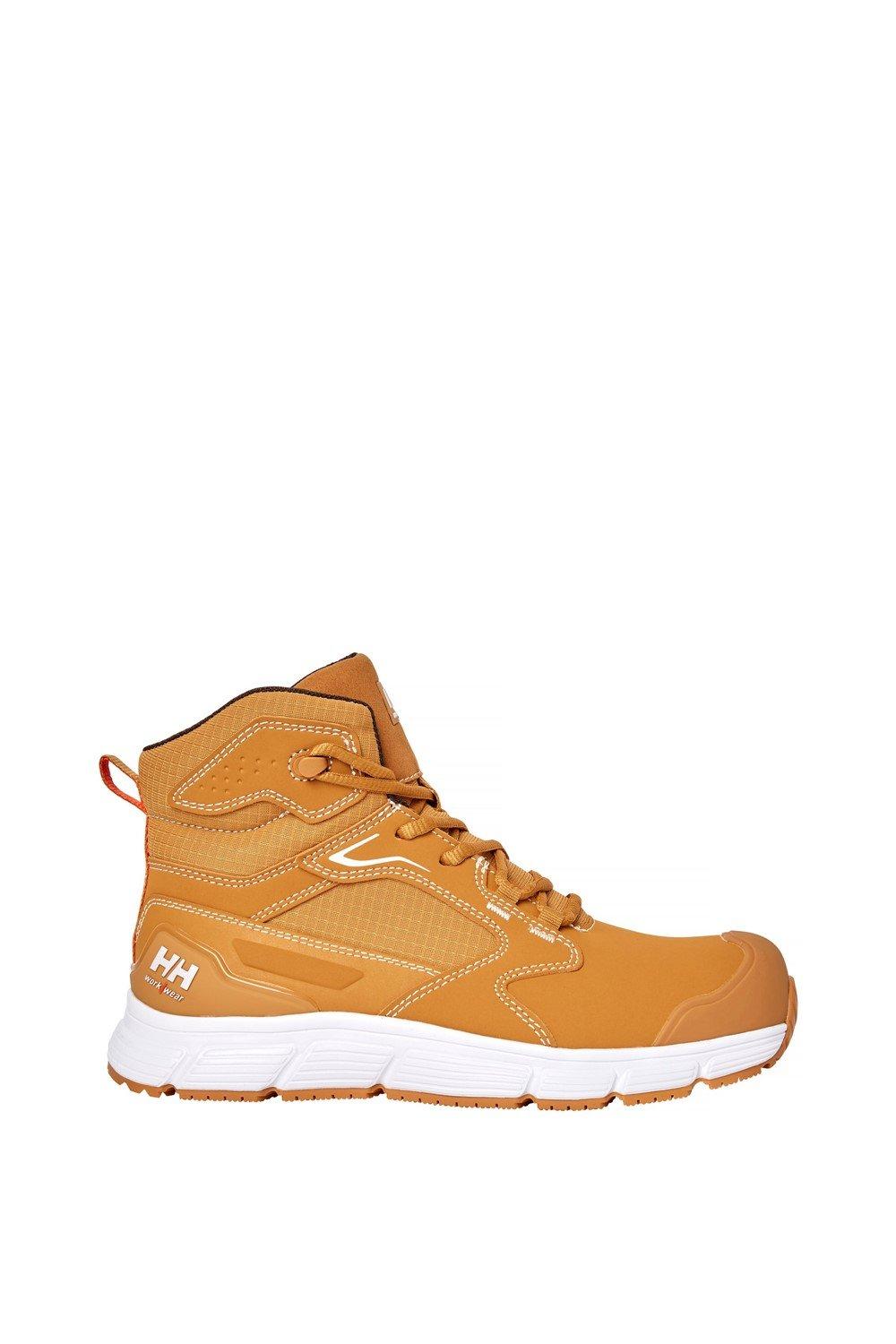 Wheat-colored unisex safety boots featuring a TPU toe cap, high-top design, white sole, and Helly Hansen branding on the side.