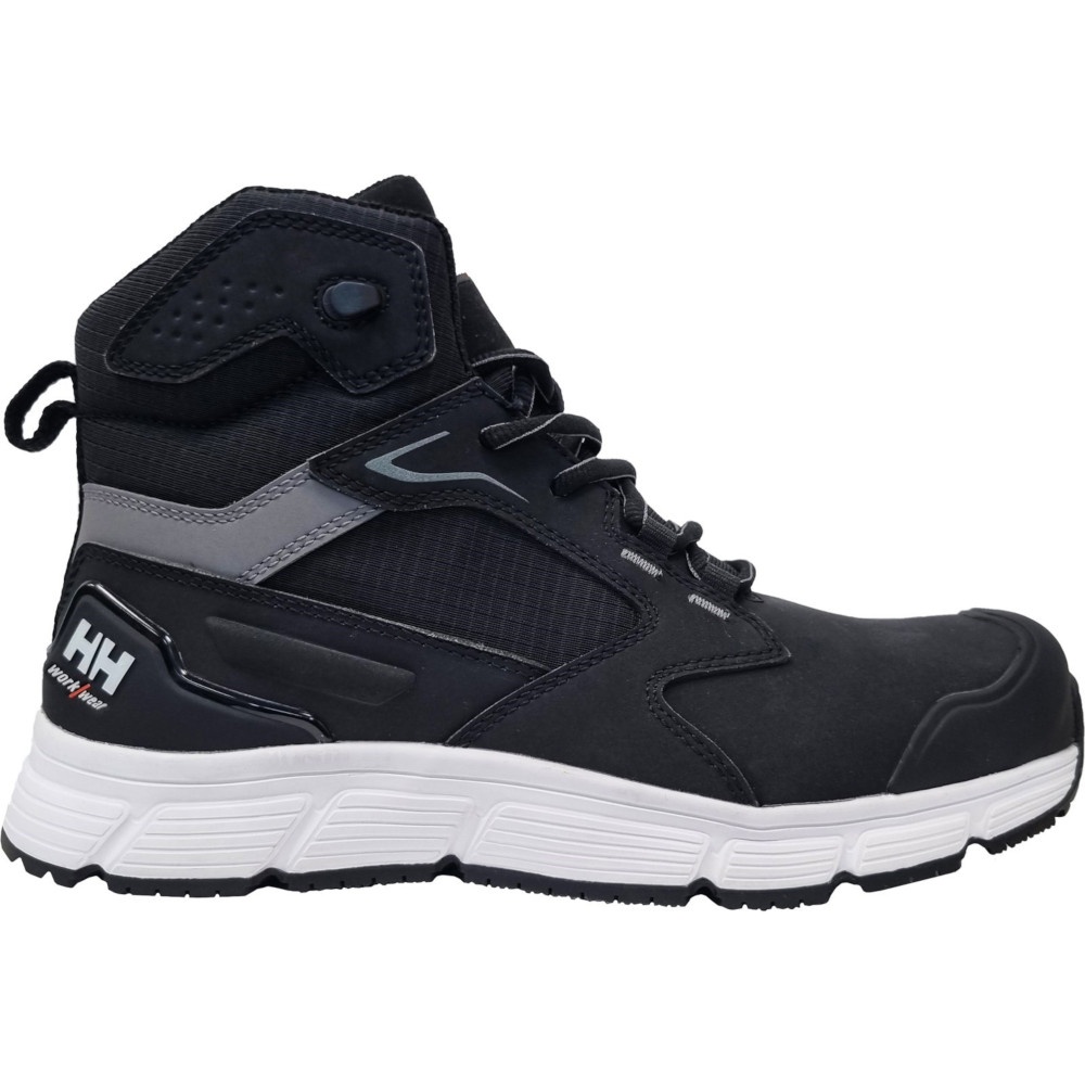 Black unisex safety boots with a TPU toe cap, featuring a padded collar, mesh panels, and a white sole, designed for durability and comfort in hazardous environments.